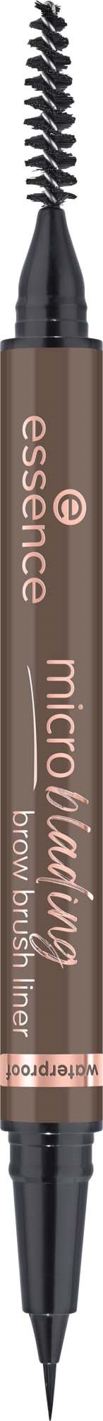 A dual-ended brow pencil with a spoolie on one end and a pencil tip on the other, labeled essence microblading.