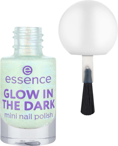 En nagellackflaska märkt 'Glow in the Dark' med ett verktyg som liknar en nagelborttagare eller applikator.