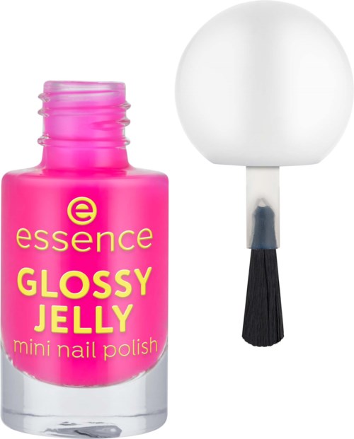Pink flaska med glossy jelly mini nagellack med en vit bollformad applikator.