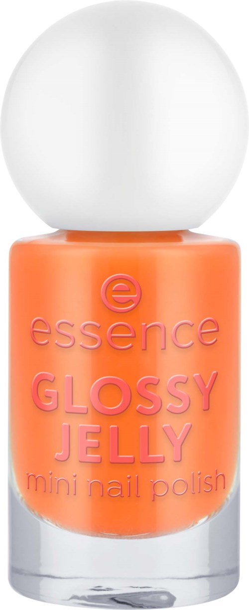 En liten orange nagellackflaska med en vit kork, märkt 'Glossy Jelly' och 'mini nail polish'.