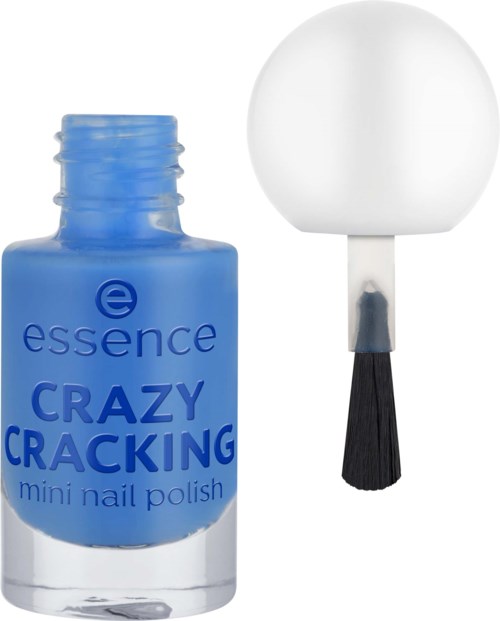 En blå flaska med nagellack och en vit borste.