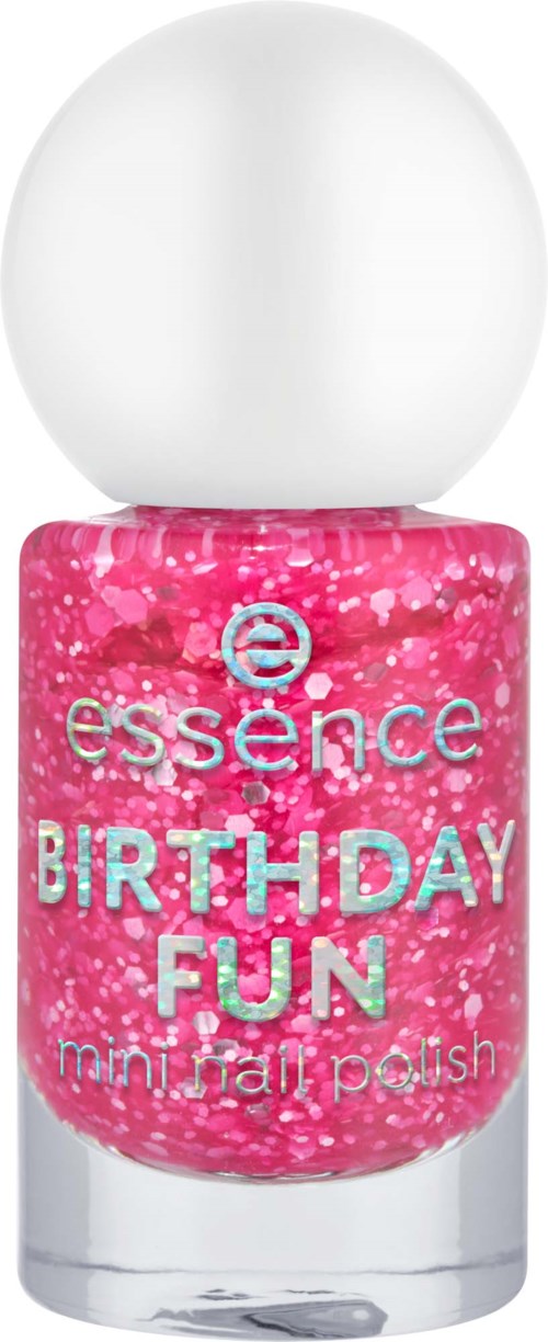 Roze nagellak met witte en roze glitter, labeled Essence BIRTHDAY FUN mini nagellak.