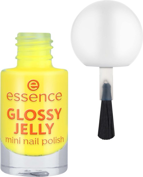 En gul flaska Essence Glossy Jelly nagellack med en vit applikatorborste.