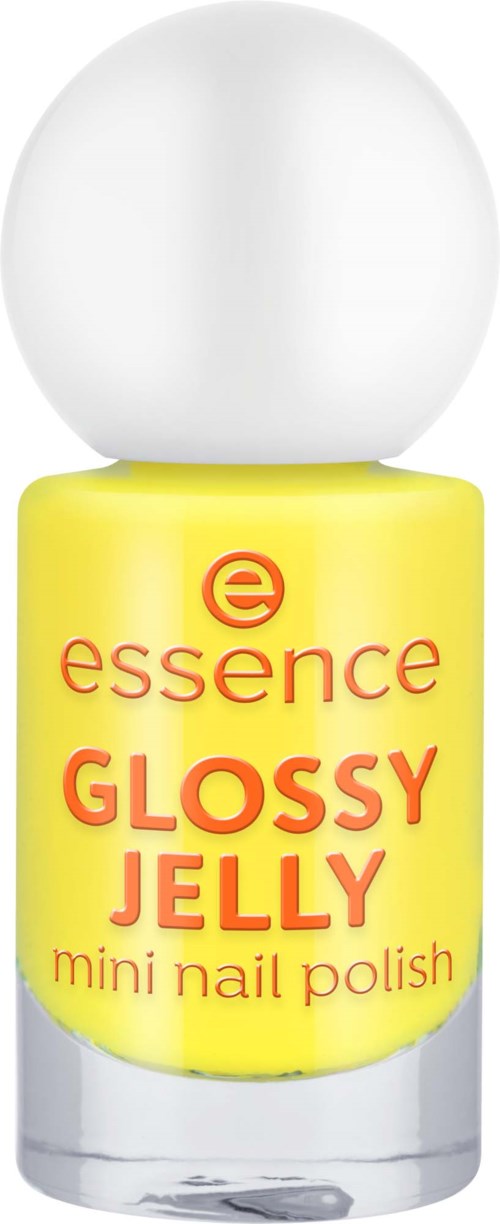 En gul nagellackflaska med vit lock, märkt "essence GLOSSY JELLY mini nail polish."
