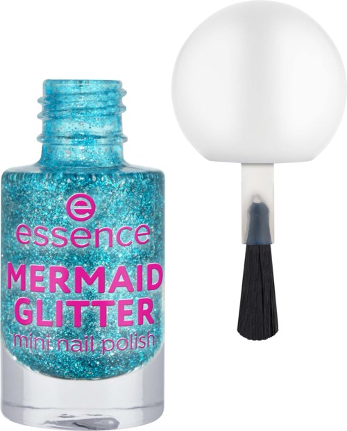 Een klein flesje met blauwe glitternagellak en een witte applicator met zwarte steel.