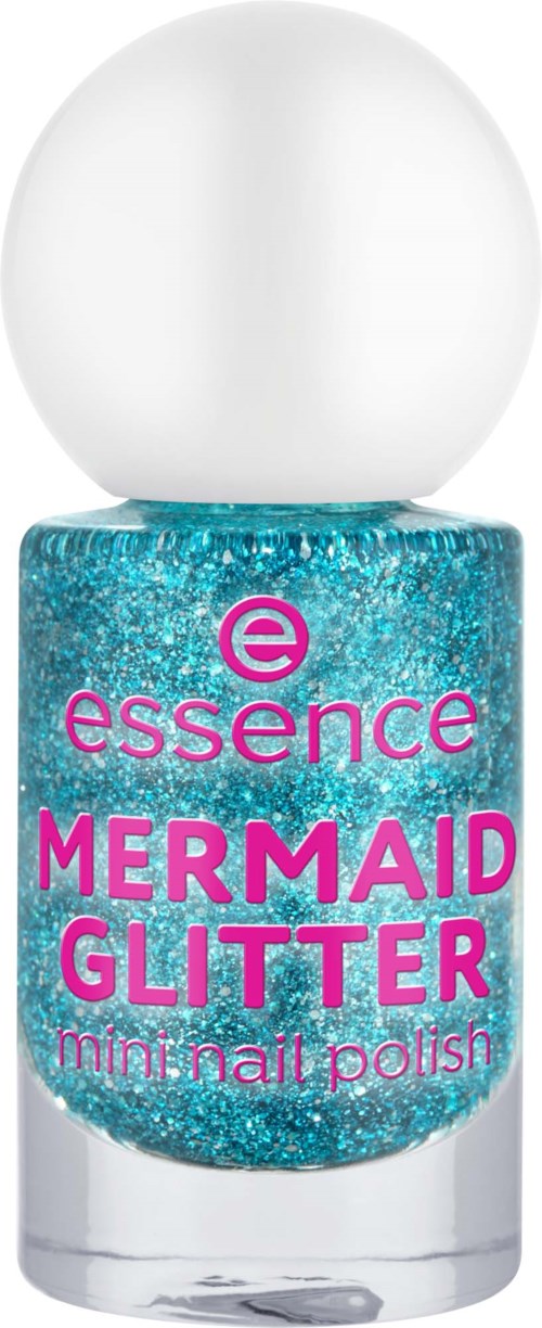 Een flesje blauwe glitternagellak genaamd Mermaid Glitter met een witte dop.
