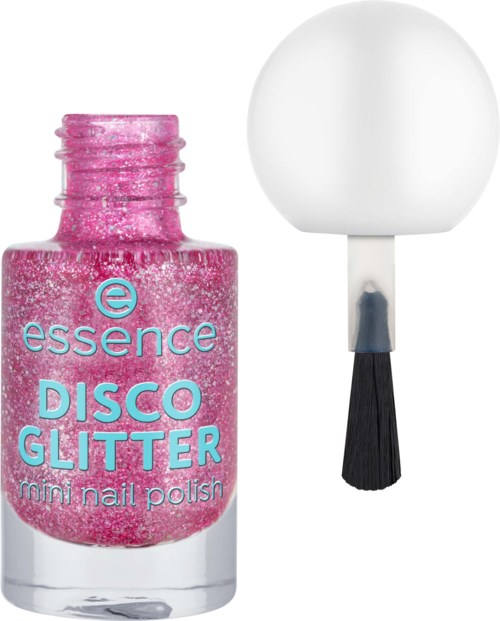 En liten flaska med rosa glitternagellack med vit tapp och en svart borste.