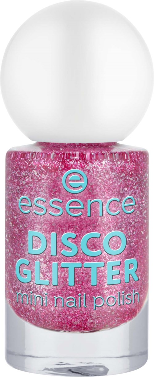 Pink glitter nagellackflaska med vit kork och blå text som lyder 'Disco Glitter' och 'Mini Nail Polish'.