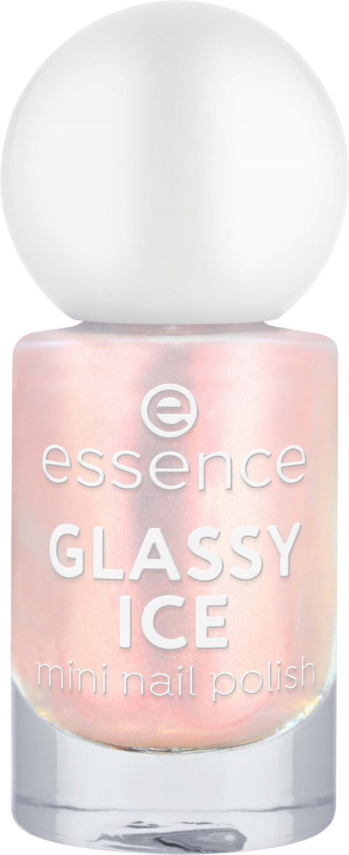 Een kleine nagellakfles met lichtroze kleur en witte dop, labelt Glossy Ice.