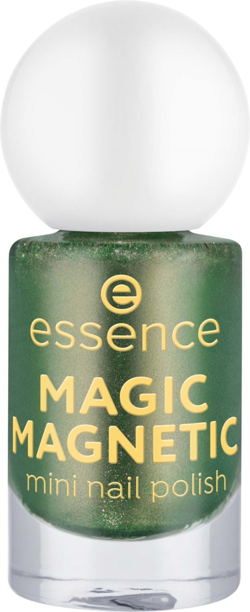 En liten grön nagellacksflaska med vit topp, märkt Essence Magic Magnetic mini nagellack.