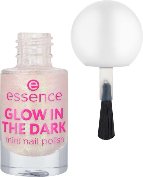 Een flesje roze glitter nagellak en een witte nagelbuffer met zwart handvat.