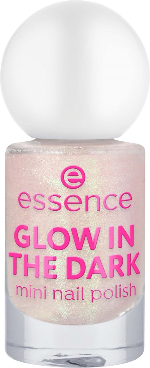Een klein lichtroze nagellakfles met witte ronde dop en roze tekst op het etiket.