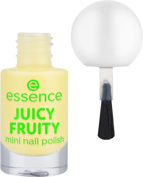Een gele nagellakfles met groene tekst en witte dop, en een witte ronde dop met zwarte handgreep.