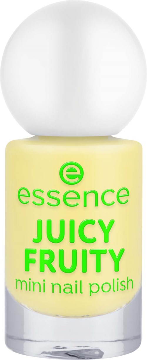 Kleine fles met gele nagellak met groene tekst en witte dop.