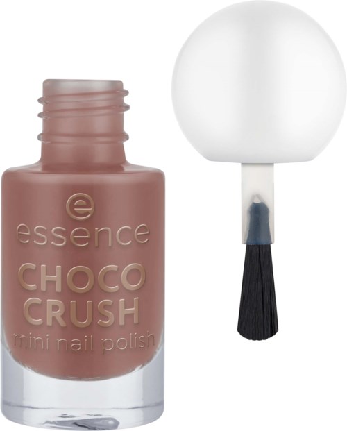 Een roze nagellakfles met een witte bolvormige dop en een zwarte borstel.