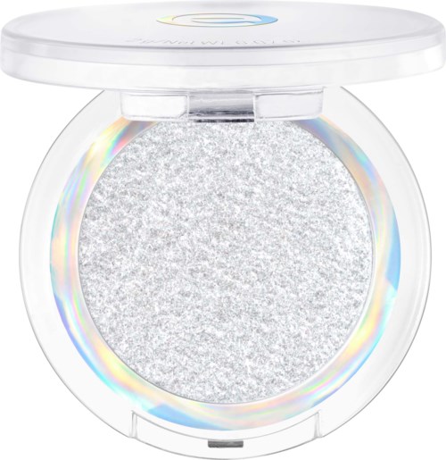 A round white makeup compact with shimmering, glittery silver powder inside and a transparent lid.