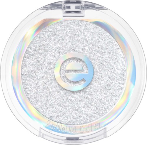 A round silver eyeshadow with a textured surface and an 'e' logo in the center.