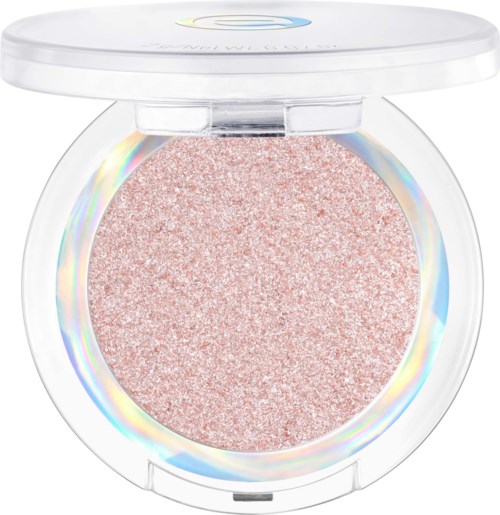 A round, pink glittery makeup product in a white compact case with a holographic rim.