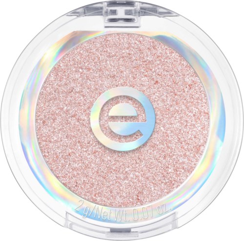 Pink glittery eyeshadow with an 'e' logo in the center inside a clear compact case.