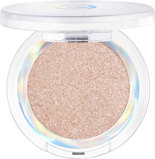 A round pink shimmer eyeshadow in a white compact with a transparent lid.