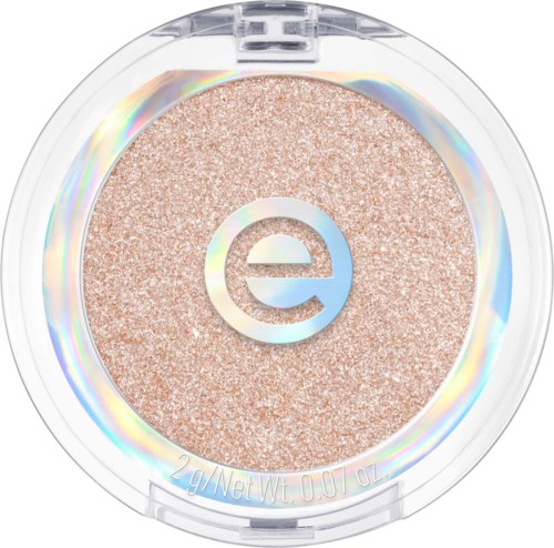 A sparkly pink eyeshadow in a clear round container with a silver logo in the center.