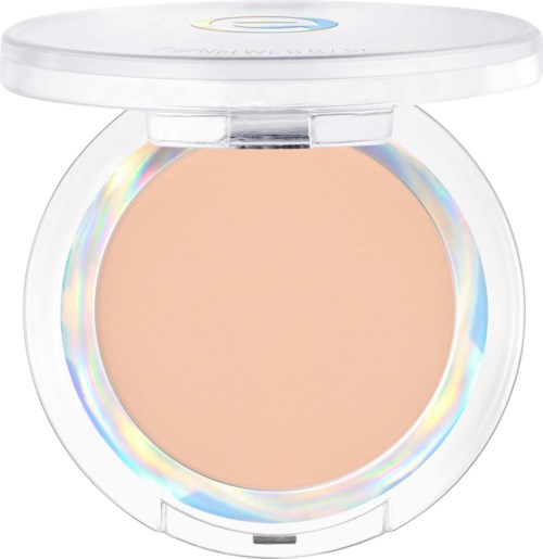 Eine kompakte Puderbox mit peachfarbenem Puder und holographischem Rand. Klare Abdeckung zeigt den Inhalt.