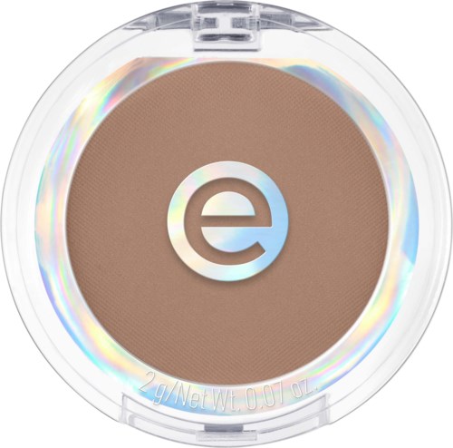 Een ronde compacte met beige poeder en een zilveren 'e'-logo in het midden.