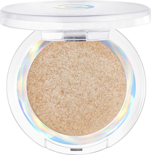 A compact with beige pressed powder and a clear lid showing a holographic rim.