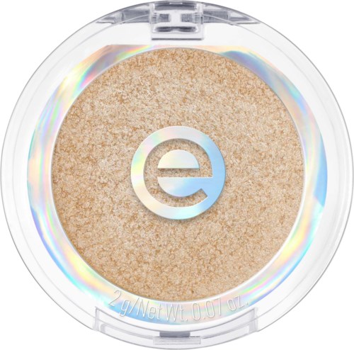 Flat, round beige powder container with a holographic rim and a letter e symbol in the center.