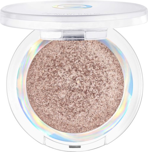 A round compact with shimmery beige powder inside and a transparent lid with rainbow colors.
