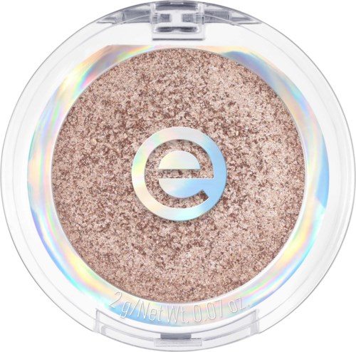 A round eyeshadow container with a shimmering, metallic pink eyeshadow inside and a clear lid.