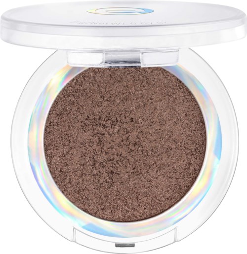 A round makeup compact with a mirror and a brown shimmery powder inside.