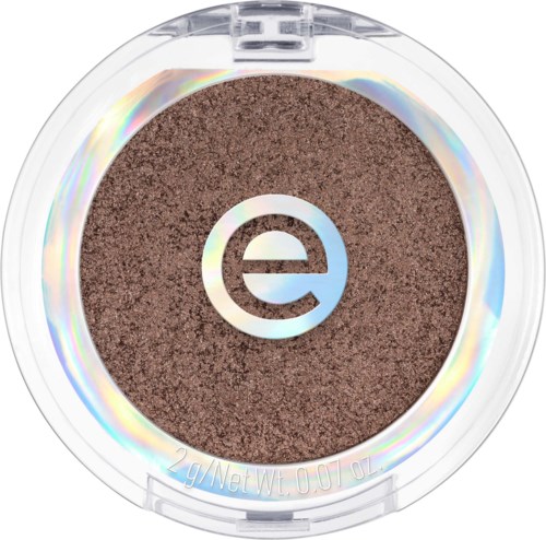 A small round container of brown eyeshadow with a silver 'e' logo in the center.