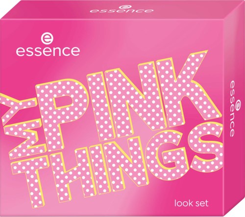 Bright rosa förpackning med orden Pink Things i stora vita och gula prickar, look set.