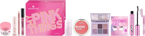 Samling av rosa makeup- och hudvårdsprodukter inklusive krämer, ögonskuggor, rouge, läppglans och en ögonskuggspalett.