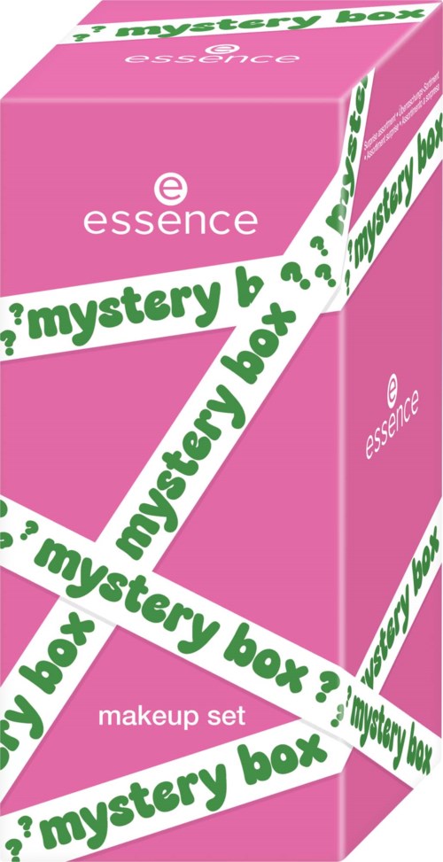 Roze doos met witte en groene tekst, gelabeld 'essence' en 'mystery box'. Het is een make-up set.