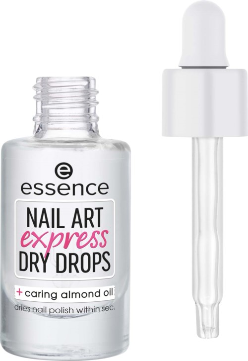 Kleine doorzichtige flesje nagelolie met een witte pipet erboven. Het label zegt essence nail art express dry drops.