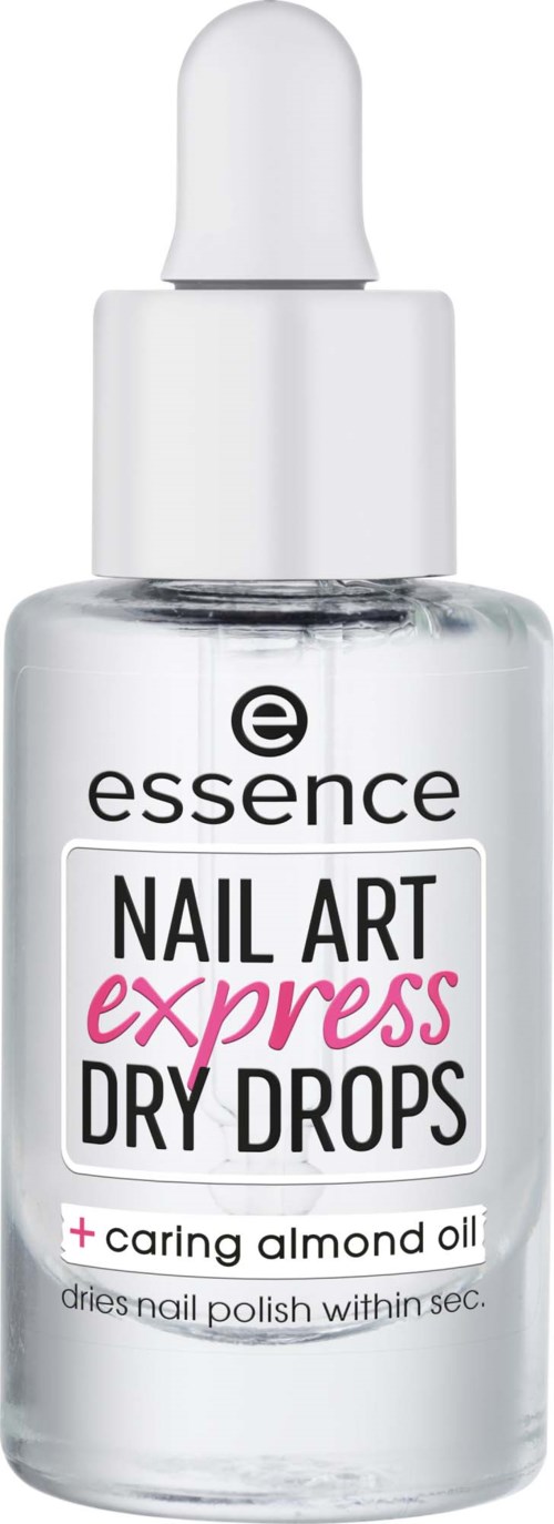 Een doorzichtige fles met nageldroppels met amandelolie voor snel gebruik om nagels te verzorgen en te drogen.