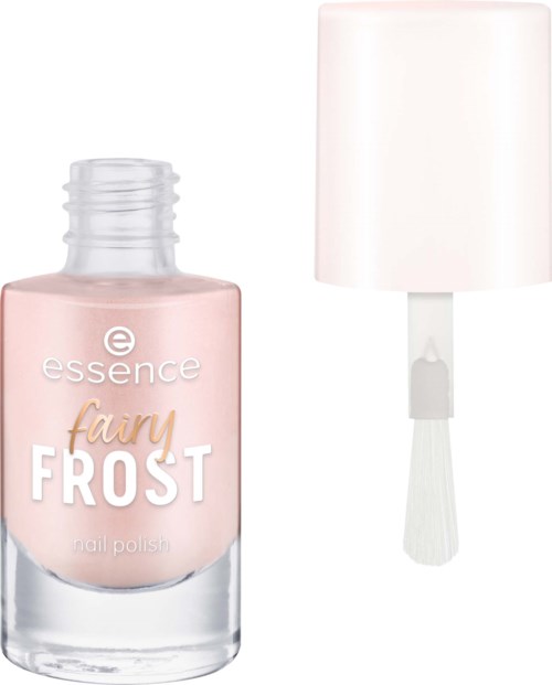 Eine Flasche mit rosa Nagellack und weißem Deckel mit Pinsel daneben.