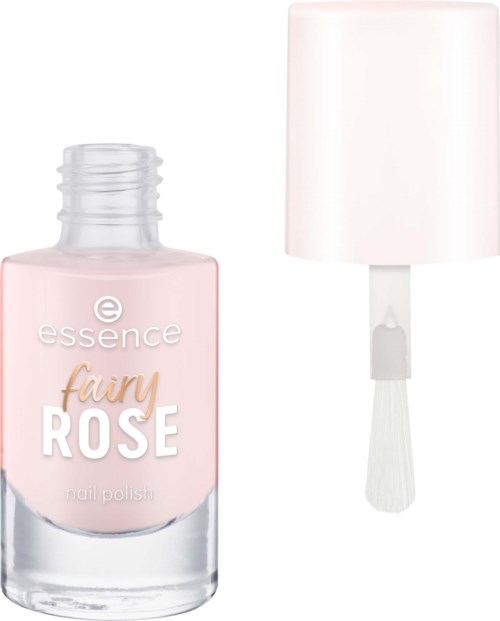 Rosa Nagellackflasche mit weißen Deckel und Pinsel. Das Etikett sagt fairy rose von essence.