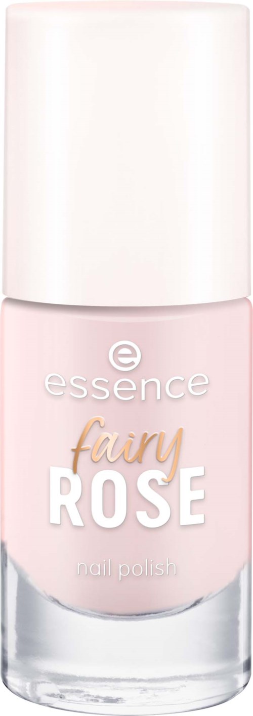 Eine Flasche Essence fairy rose Nagellack, hellrosa Farbe, mit weißem Deckel und einfachem Etikett.