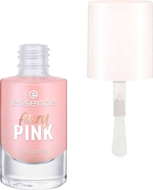 Vaaleanpunainen kynsilakkapullo, jossa on valkoinen korkki ja sivellin, merkiltään Essence Fairy Pink.