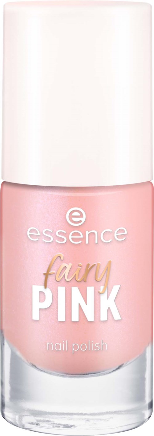 Vaaleanpunainen kynsilakkapullo, jossa on valkoinen kansi, merkki essence fairy pink.
