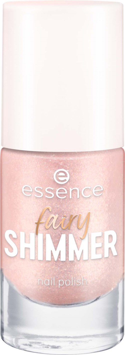 Eine rosa Nagellackflasche mit weißem Deckel, gekennzeichnet Essence Fairy Shimmer.