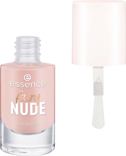 Kynsilakkapullo merkattu fairy NUDE ja sen vieressä on valkoinen lamppu tai laite.