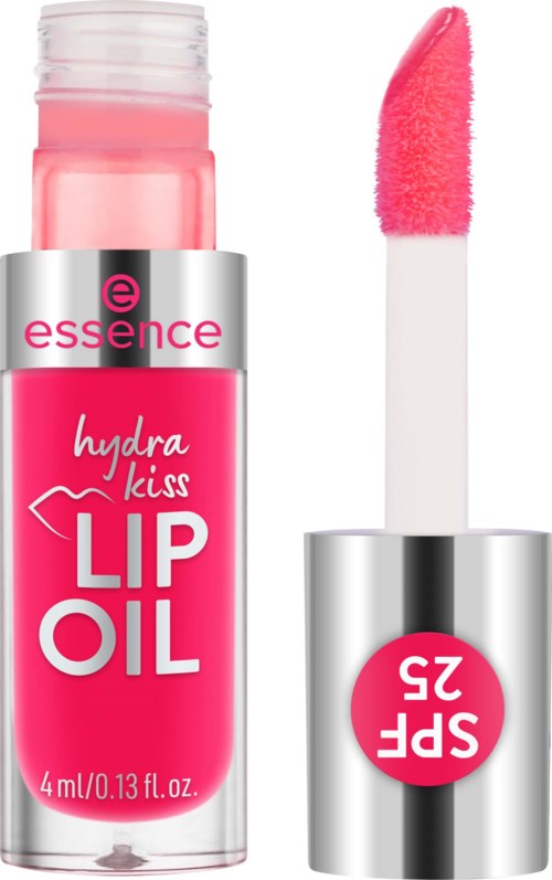 En rosa läppglans med applicator utanför en silverlock. Etiketten säger 'Hydra Kiss Lip Oil' och 'SPF 25'.