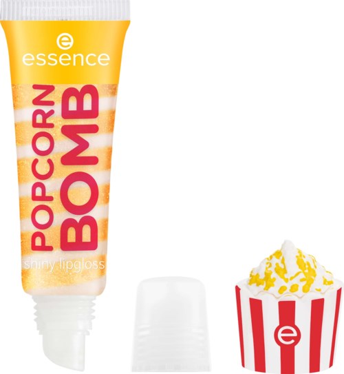 Een tube met popcorn-geurende lipgloss en een kleine container met popcorn en slagroom.