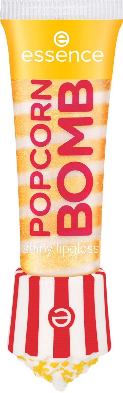 Een buisje snack-lipgloss genaamd Popcorn Bomb, met rood-wit gestreept ontwerp en een gele dop.