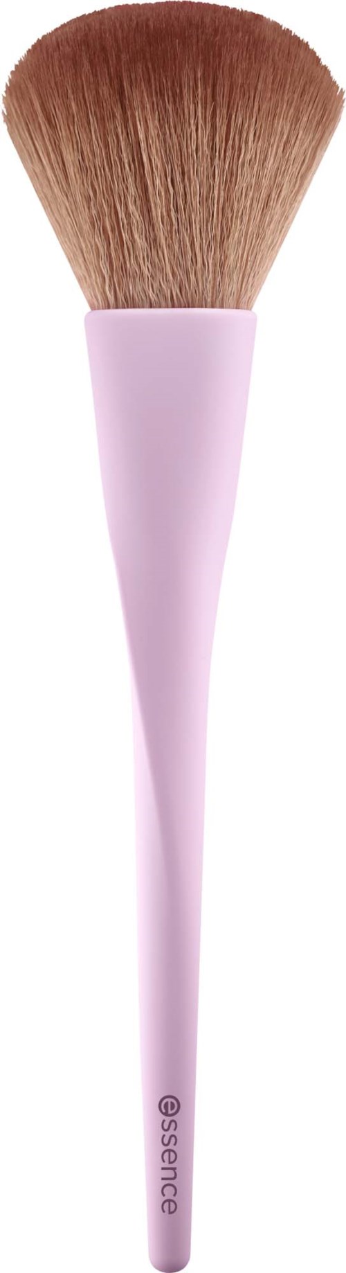 A makeup brush with a pink handle and brown bristles. Its shape is wide at the top and narrow at the bottom.
