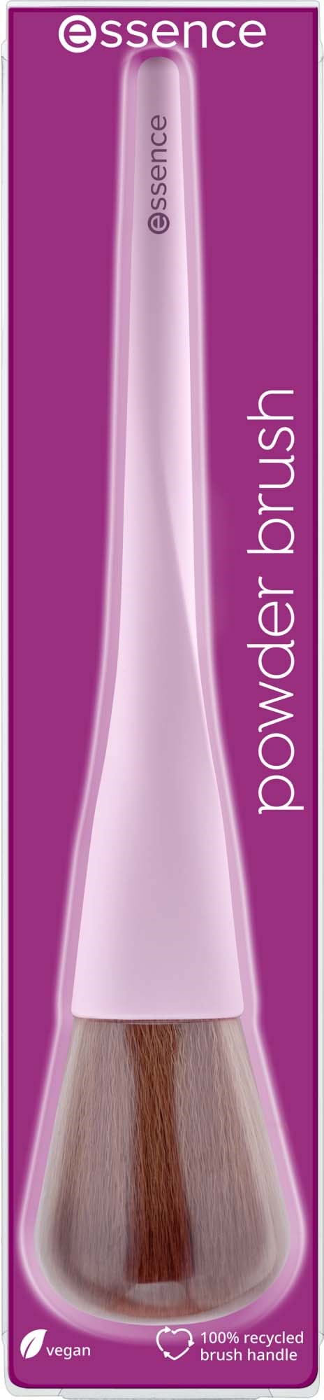 A pink and white powder brush in packaging with purple background, labeled Essence Powder Brush.